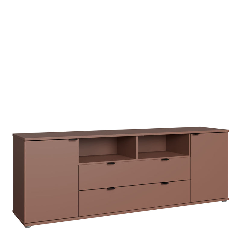 Ganymede Wide TV Unit with Open Shelving, 2 Drawers & 2 Doors in Terracotta — front view