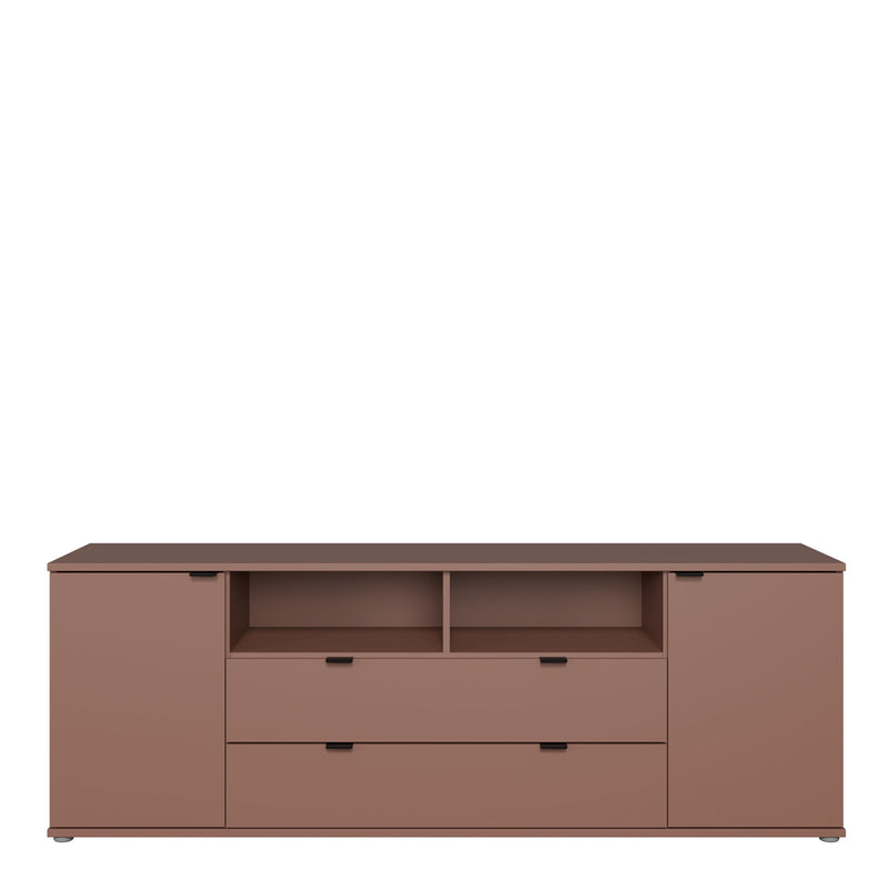 Ganymede Wide TV Unit with Open Shelving, 2 Drawers & 2 Doors in Terracotta — side angle