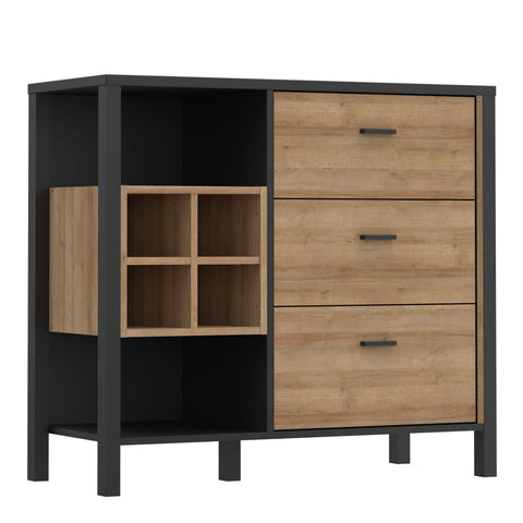 High Rock 3 Drawer Display Chest in Matt Black/Riviera Oak — front view