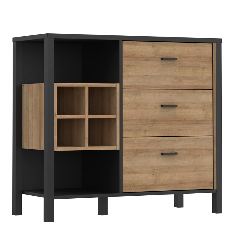High Rock 3 Drawer Display Chest in Matt Black/Riviera Oak — front view