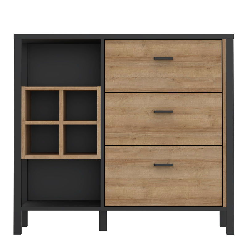 High Rock 3 Drawer Display Chest in Matt Black/Riviera Oak — side angle
