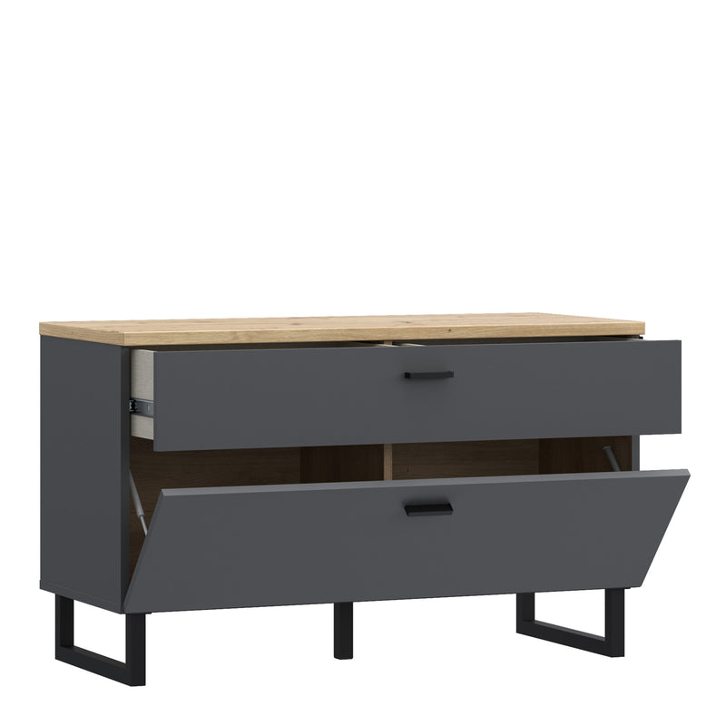 Klara TV Unit with 1 Drawer 1 Flip Door in Grey and Oak — detail view