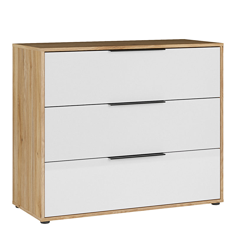 Orkney 3 Drawer Chest in Mauvella Oak and White Gloss — front view
