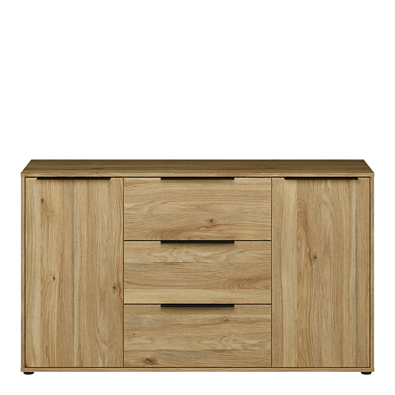 Orkney 3 Drawer Sidebaord with 2 Doors in Mauvella Oak — side angle