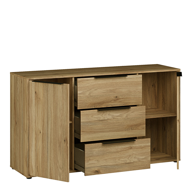 Orkney 3 Drawer Sidebaord with 2 Doors in Mauvella Oak — alternative angle