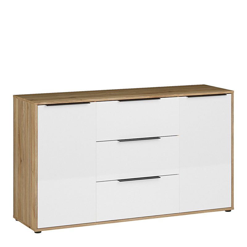 Orkney 3 Drawer Sideboard with 2 Doors in Mauvella Oak and White Gloss — front view
