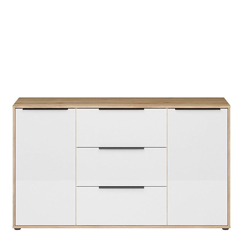 Orkney 3 Drawer Sideboard with 2 Doors in Mauvella Oak and White Gloss — side angle
