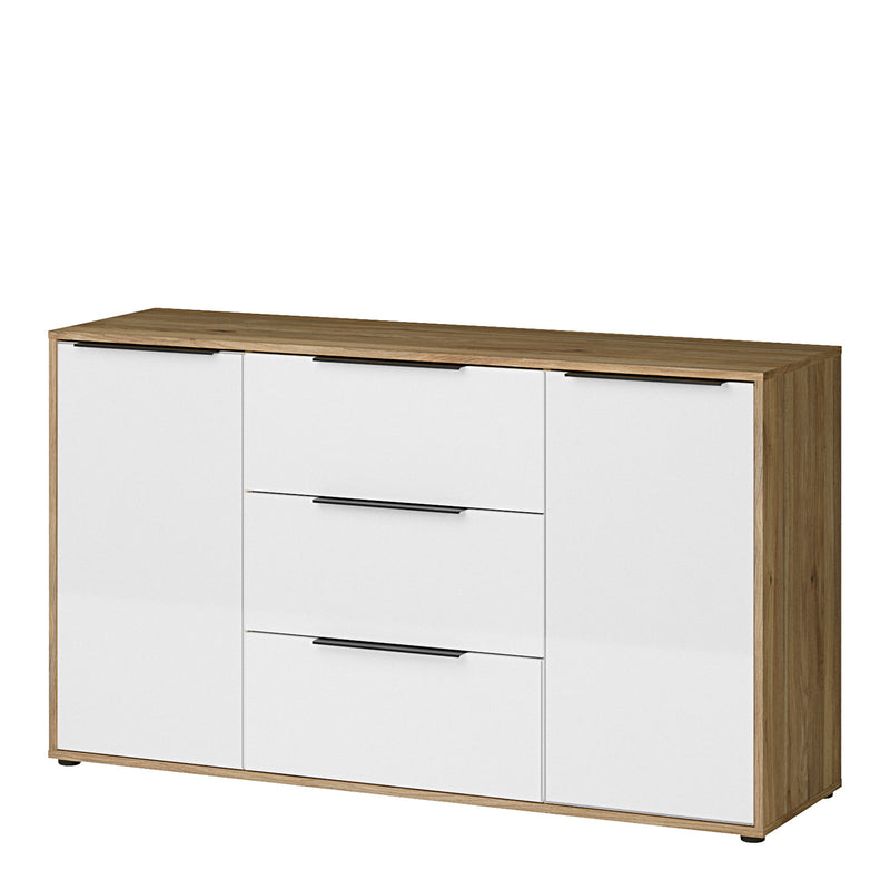 Orkney 3 Drawer Sideboard with 2 Doors in Mauvella Oak and White Gloss — detail view