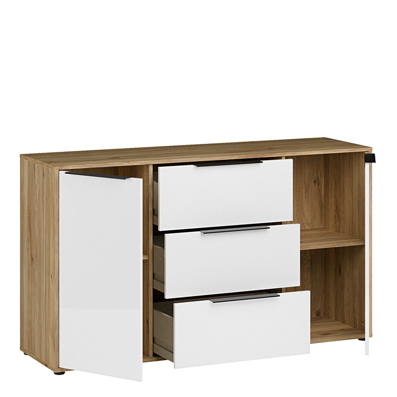 Orkney 3 Drawer Sideboard with 2 Doors in Mauvella Oak and White Gloss — alternative angle