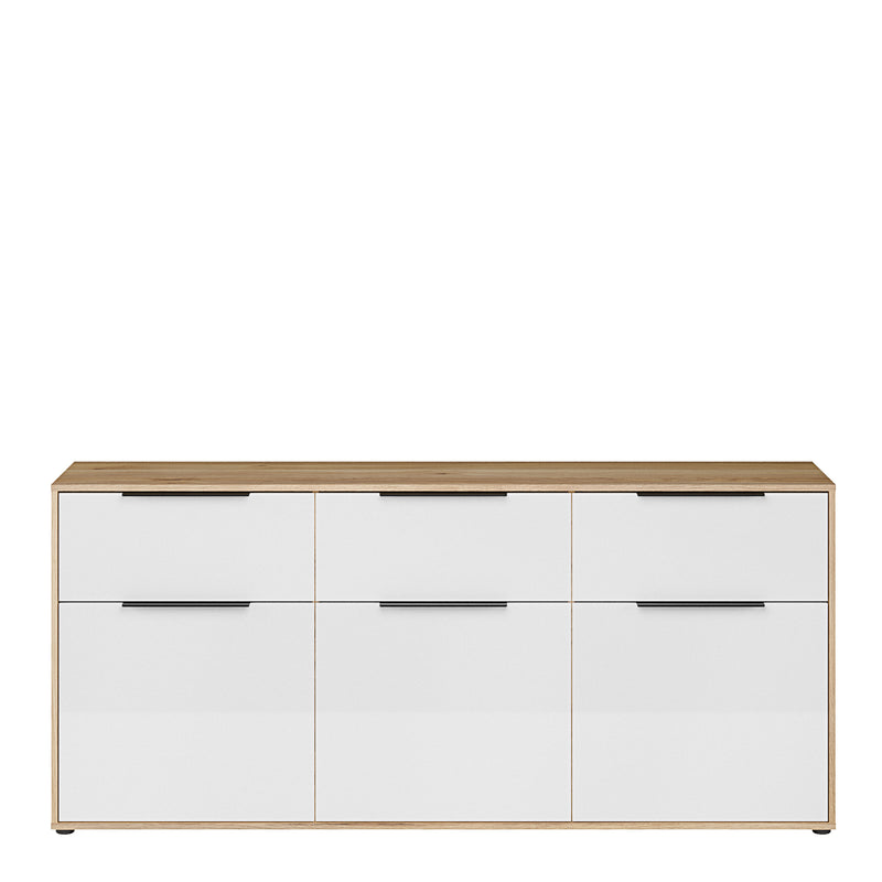 Orkney 3 Drawer Sideboard with 3 Doors in Mauvella Oak and White Gloss — side angle