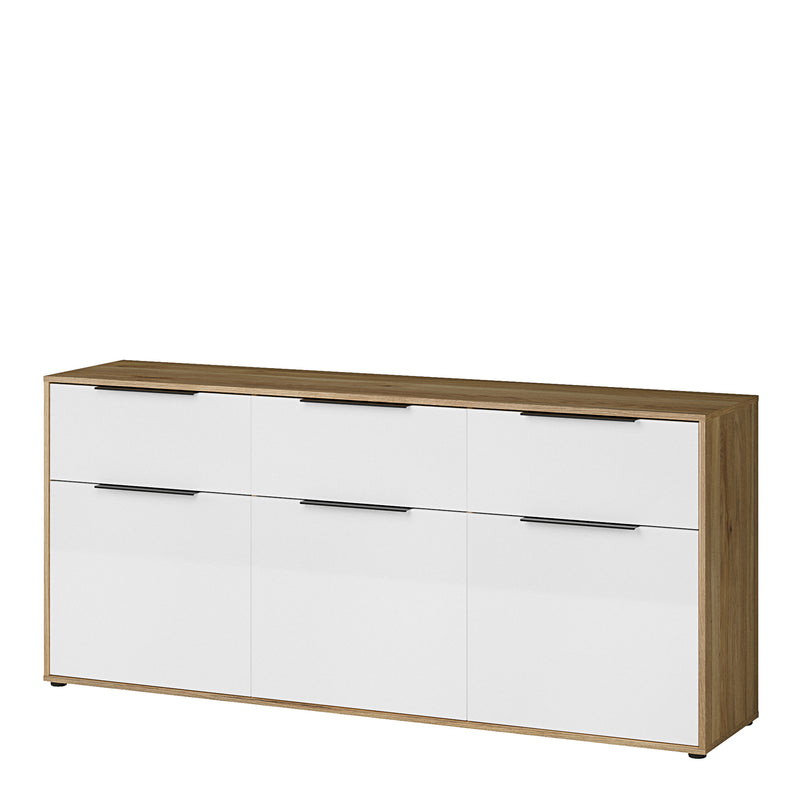Orkney 3 Drawer Sideboard with 3 Doors in Mauvella Oak and White Gloss — detail view