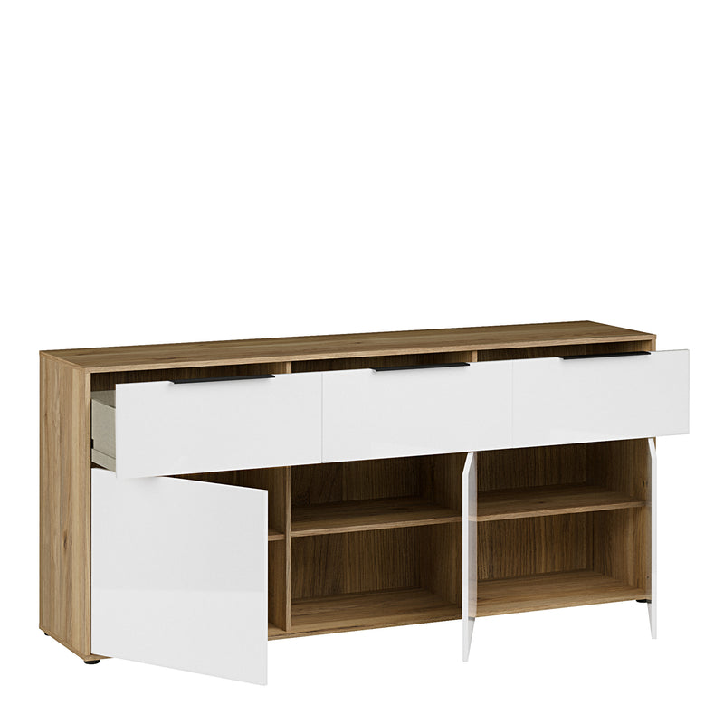 Orkney 3 Drawer Sideboard with 3 Doors in Mauvella Oak and White Gloss — alternative angle