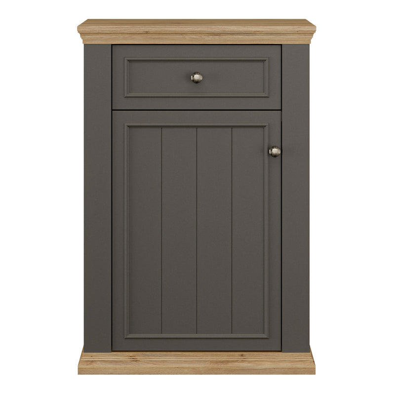 Pontypool Shoe Cabinet with Drawer in Grey and Mauvella Oak — side angle