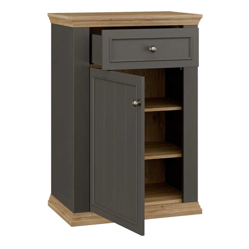 Pontypool Shoe Cabinet with Drawer in Grey and Mauvella Oak — alternative angle