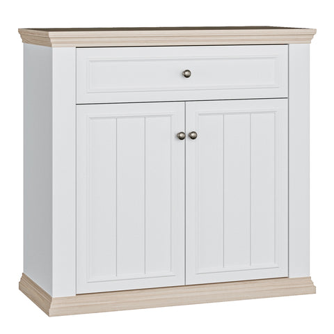 Pontypool 2 Door 1 Drawer Small Sideboard in White and Riva Oak — front view