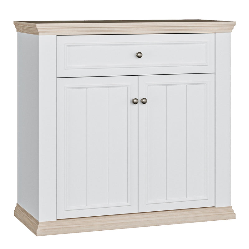 Pontypool 2 Door 1 Drawer Small Sideboard in White and Riva Oak — front view