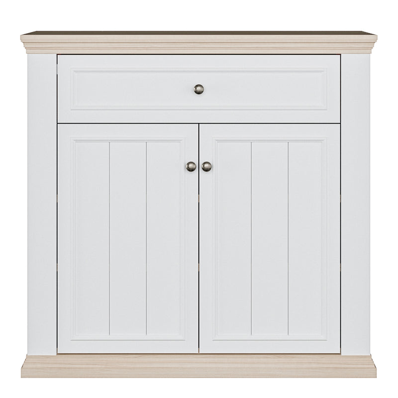 Pontypool 2 Door 1 Drawer Small Sideboard in White and Riva Oak — side angle