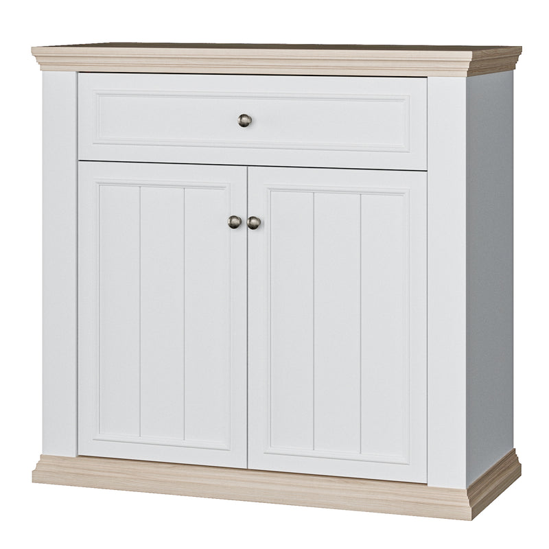 Pontypool 2 Door 1 Drawer Small Sideboard in White and Riva Oak — detail view