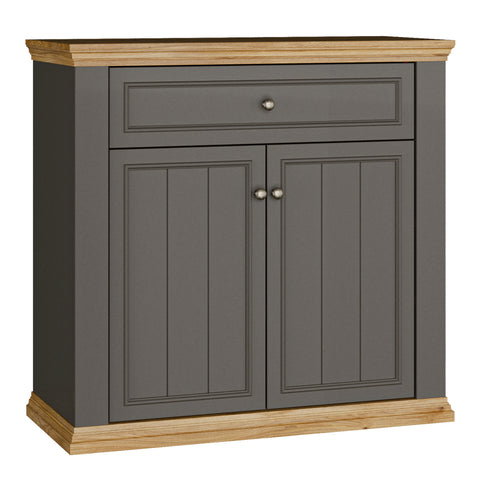 Pontypool 2 Door 1 Drawer Small Sideboard in Wolfram Grey and Mauvella Oak — front view