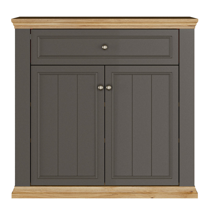 Pontypool 2 Door 1 Drawer Small Sideboard in Wolfram Grey and Mauvella Oak — side angle