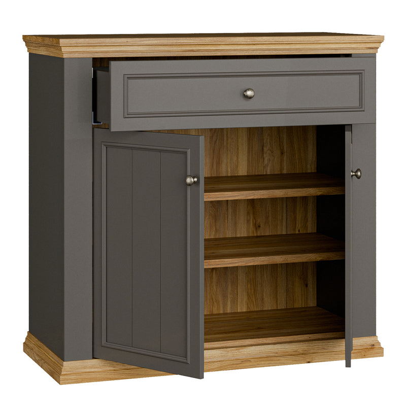 Pontypool 2 Door 1 Drawer Small Sideboard in Wolfram Grey and Mauvella Oak — alternative angle