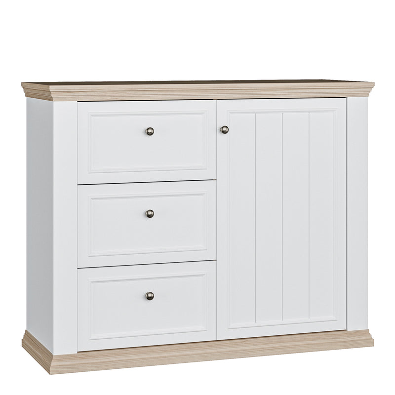 Pontypool 3 Drawer & 1 Door Sideboard in White and Riva Oak — front view
