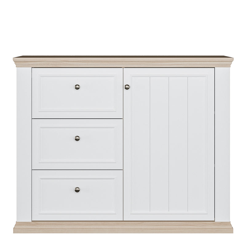 Pontypool 3 Drawer & 1 Door Sideboard in White and Riva Oak — side angle
