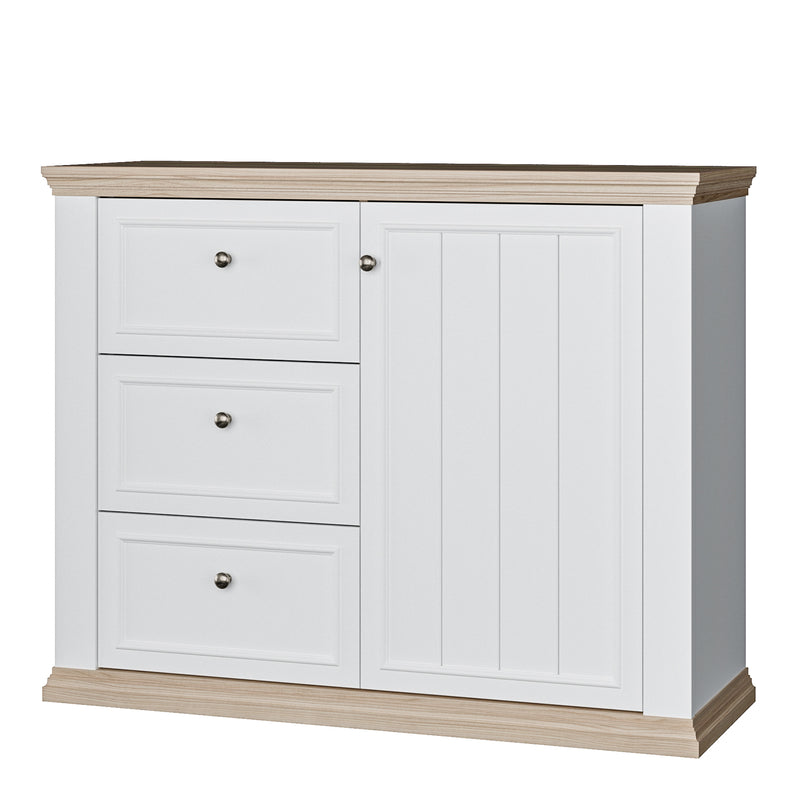 Pontypool 3 Drawer & 1 Door Sideboard in White and Riva Oak — detail view