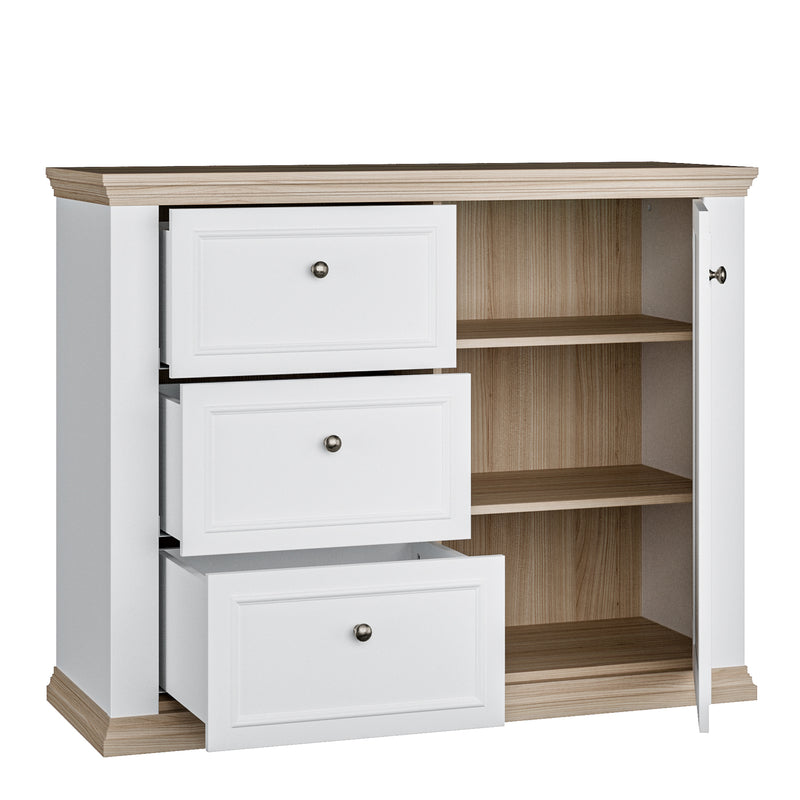 Pontypool 3 Drawer & 1 Door Sideboard in White and Riva Oak — alternative angle