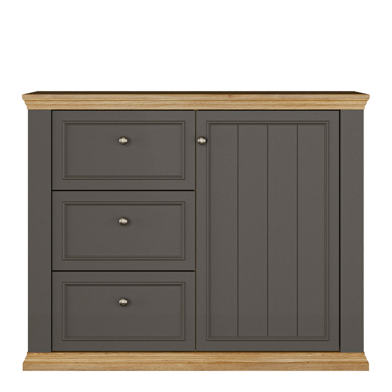 Pontypool 3 Drawer & 1 Door Sideboard in Grey and Mauvella Oak — side angle