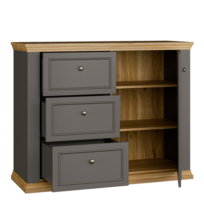 Pontypool 3 Drawer & 1 Door Sideboard in Grey and Mauvella Oak — alternative angle