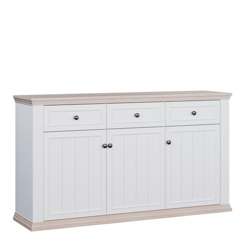 Pontypool 3 Drawer & 3 Door Sideboard in White and Riva Oak — front view