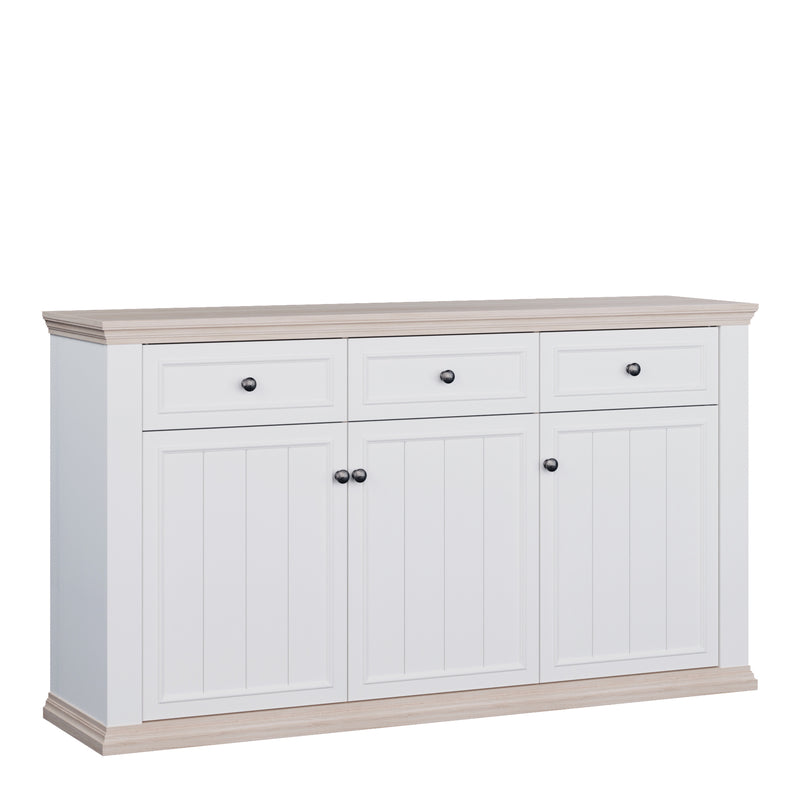 Pontypool 3 Drawer & 3 Door Sideboard in White and Riva Oak — front view
