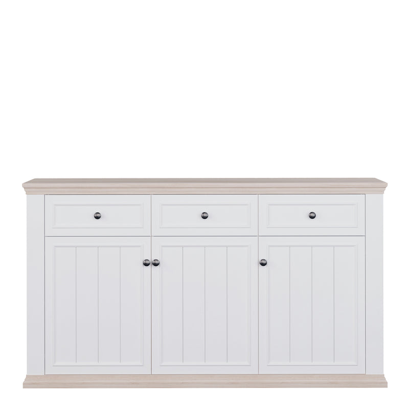 Pontypool 3 Drawer & 3 Door Sideboard in White and Riva Oak — side angle