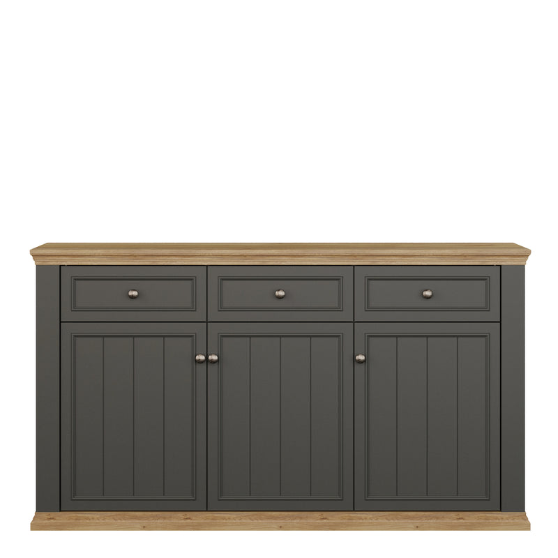 Pontypool 3 Drawer & 3 Door Sideboard in Grey and Mauvella Oak — side angle