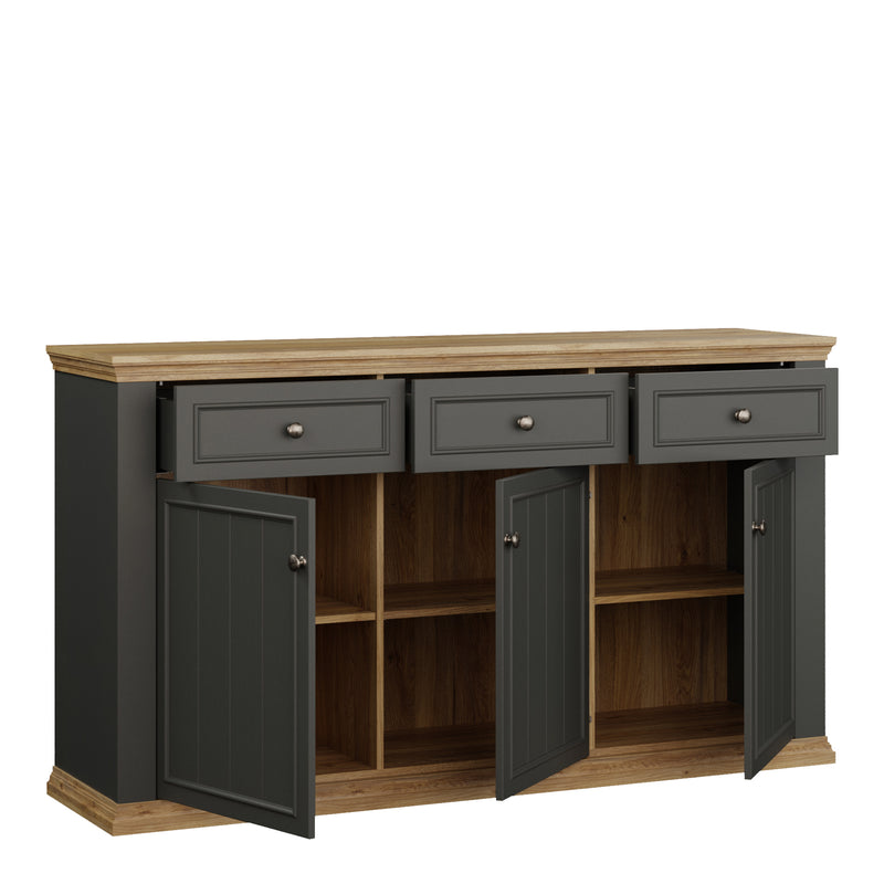 Pontypool 3 Drawer & 3 Door Sideboard in Grey and Mauvella Oak — alternative angle