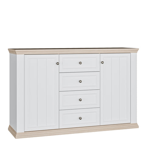 Pontypool 4 Drawer & 2 Door Sideboard in White and Riva Oak — front view