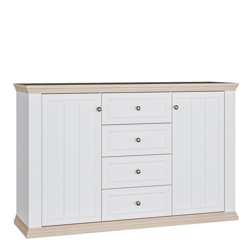 Pontypool 4 Drawer & 2 Door Sideboard in White and Riva Oak — front view
