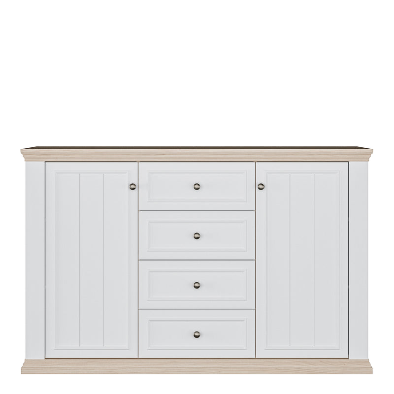 Pontypool 4 Drawer & 2 Door Sideboard in White and Riva Oak — side angle