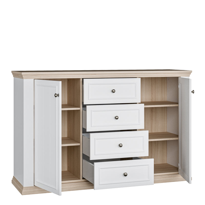 Pontypool 4 Drawer & 2 Door Sideboard in White and Riva Oak — alternative angle
