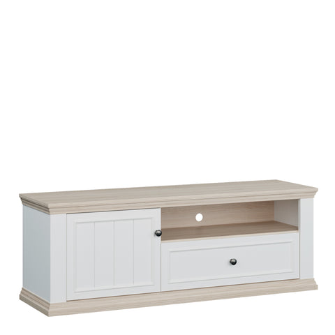 Pontypool TV Unit with Drawer & Open Shelf in White and Riva Oak — front view