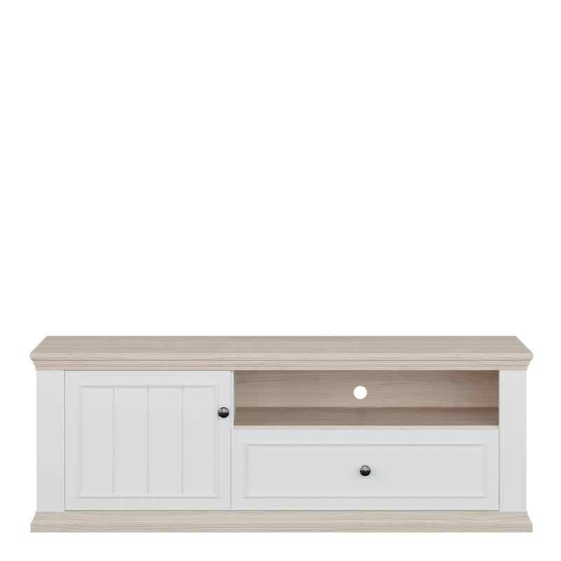 Pontypool TV Unit with Drawer & Open Shelf in White and Riva Oak — side angle