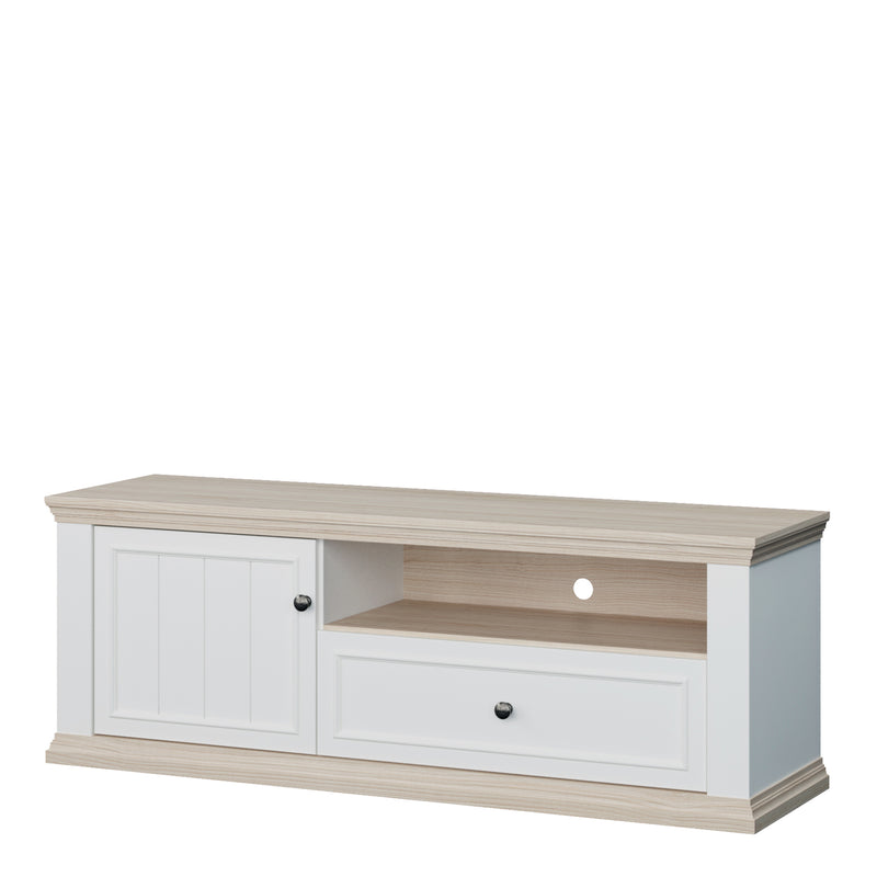 Pontypool TV Unit with Drawer & Open Shelf in White and Riva Oak — detail view