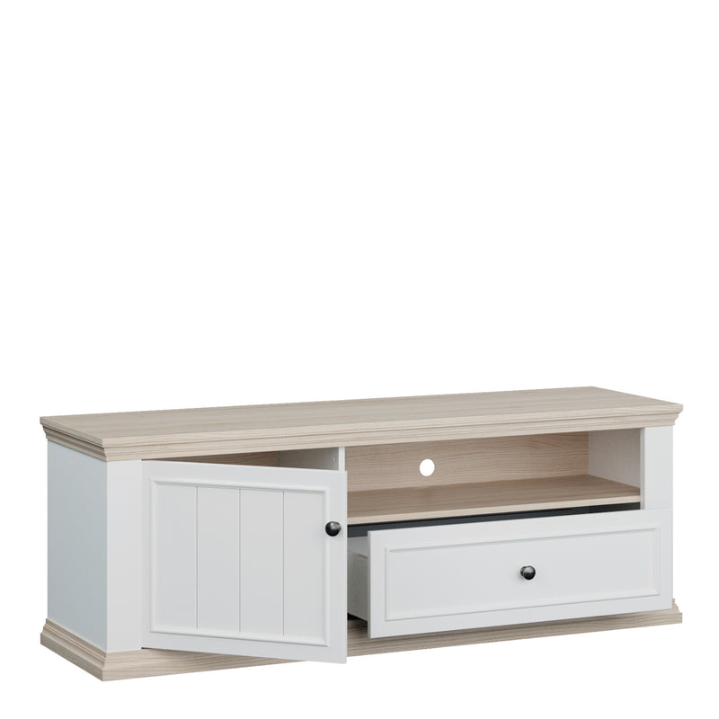Pontypool TV Unit with Drawer & Open Shelf in White and Riva Oak — alternative angle