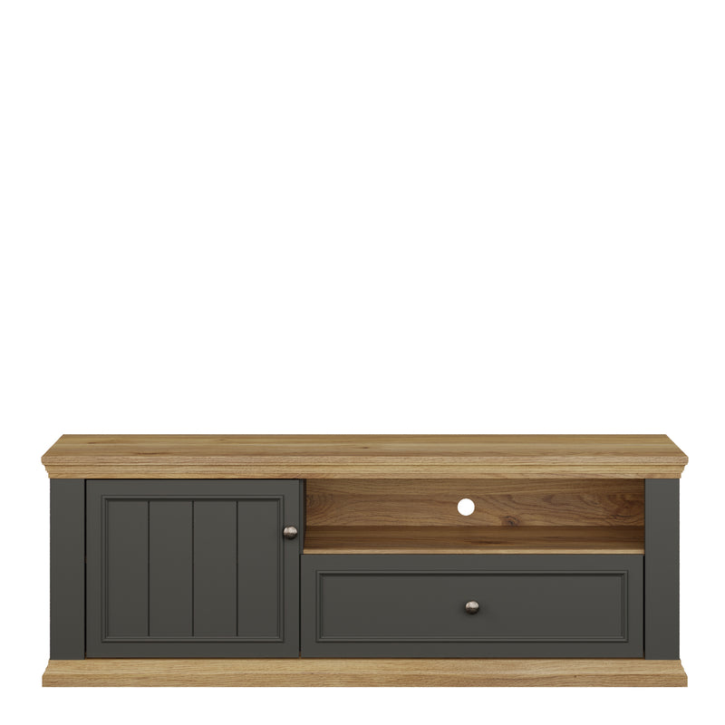 Pontypool TV Unit with Drawer & Open Shelf in Grey and Mauvella Oak — side angle