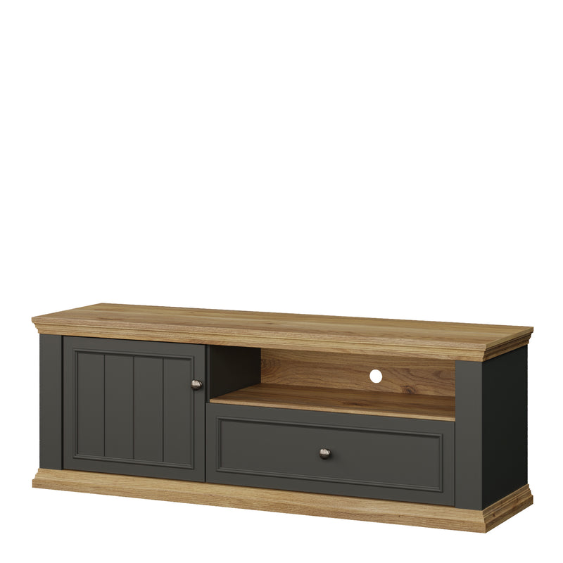 Pontypool TV Unit with Drawer & Open Shelf in Grey and Mauvella Oak — detail view