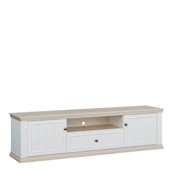 Pontypool Wide TV Unit with 2 Doors, Drawer & Open Shelf in White and Riva Oak