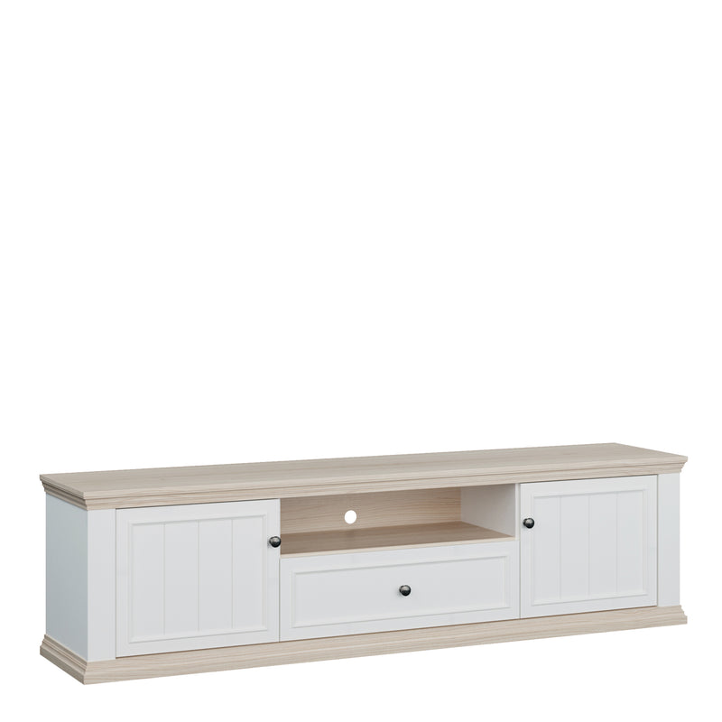 Pontypool Wide TV Unit with 2 Doors, Drawer & Open Shelf in White and Riva Oak — front view