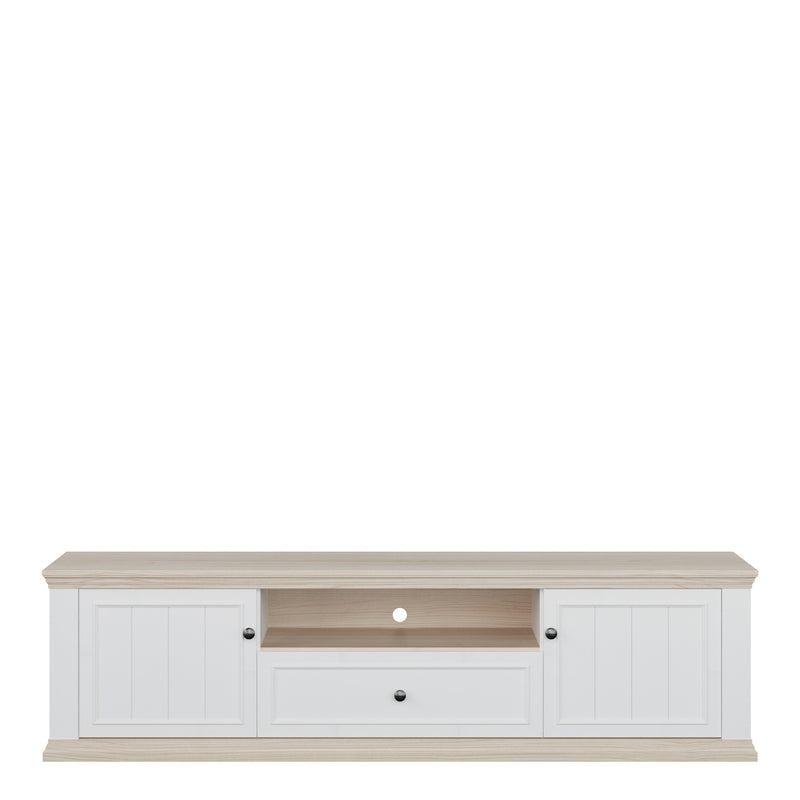 Pontypool Wide TV Unit with 2 Doors, Drawer & Open Shelf in White and Riva Oak — side angle