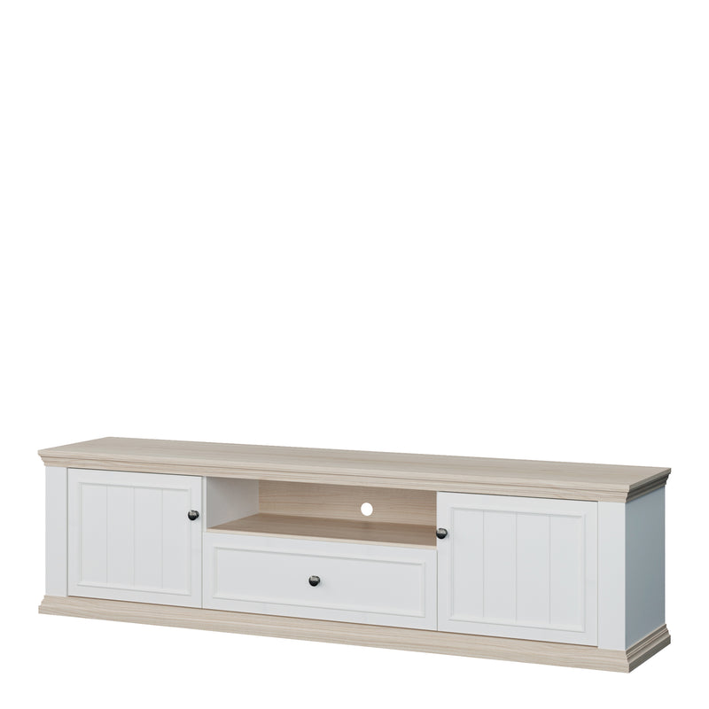 Pontypool Wide TV Unit with 2 Doors, Drawer & Open Shelf in White and Riva Oak — detail view
